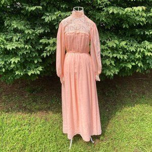 Vintage 70s prairie dress 1970s | XXS-XS | pastel orange maxi balloon sleeve